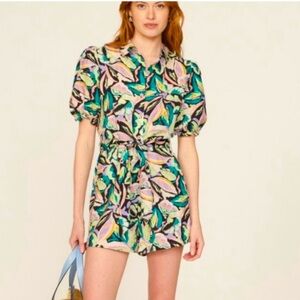Peter Som Collective Anthropologie linen Tropical Romper Puff Sleeve Belte